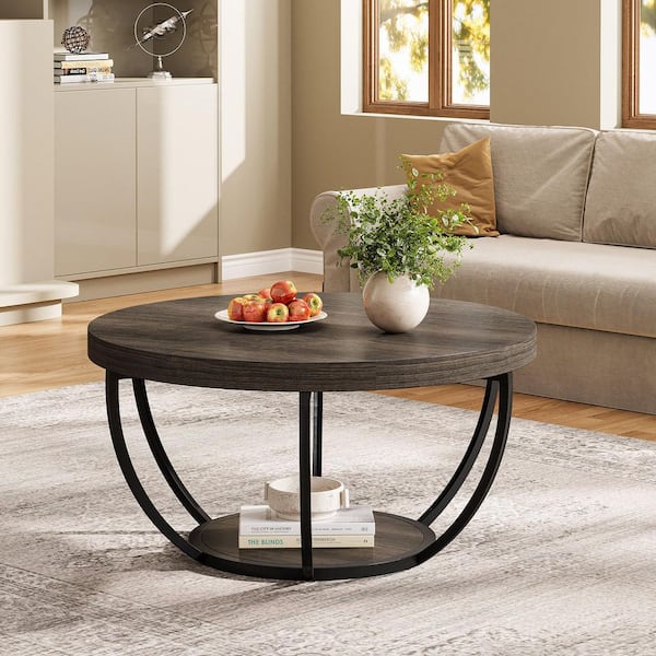 Allan 31.7 in. Gray Round Wood Coffee Table with Storage Shelf, Industrial Center Table for Living Room