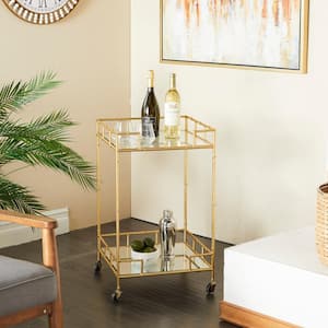 Square Gold Rolling 2 Mirrored Shelves Bar Cart