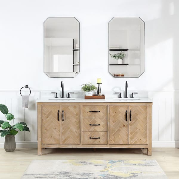 ROSWELL Javier 72 in.W x 22 in.D x 33.9 in.H Double Sink Bath Vanity in Brown with White Grain Composite Stone Top and Mirror