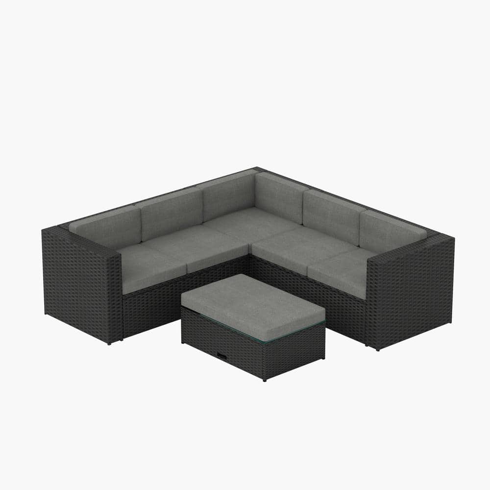 Kaison 6-Person Black and Gray Steel Outdoor Sectional Set with Storage Ottoman