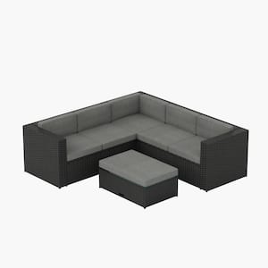 Kaison Black Wicker Frame Outdoor Patio 6-Seater L-Shaped Sectional Sofa Set with Gray Cushions and Coffee Table Ottoman