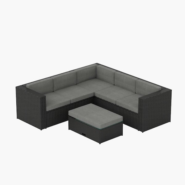 WESTIN OUTDOOR Kaison Outdoor Patio 6-Seater L-Shaped Modern Wicker Sectional Sofa Conversation Set with Gray Cushions, Black