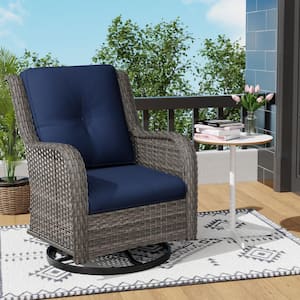 Wicker Outdoor Patio Swivel Rocking Chair with Blue Cushions (1-Pack)