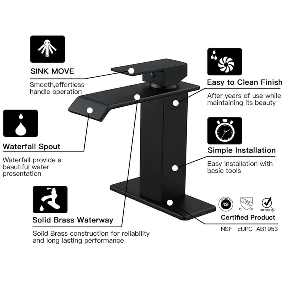 Matte Black Single-Handle Waterfall Bathroom Faucet with Supply Line