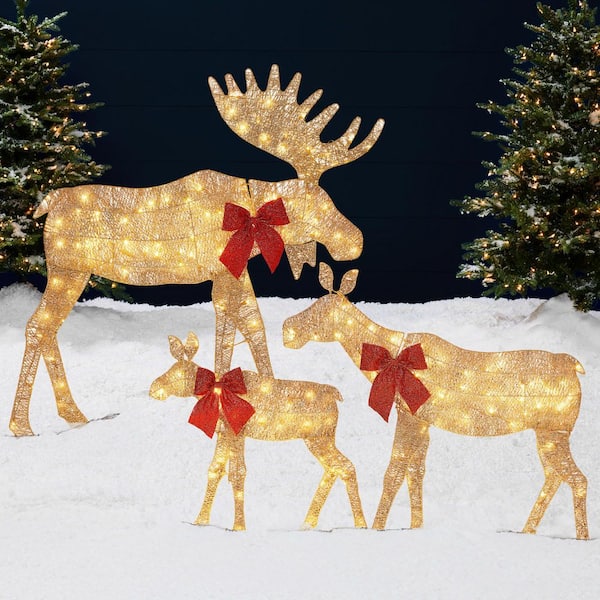 4 ft. 3-Piece Lighted 2D Christmas Moose Outdoor Decoration with 195 LED Lights and Stakes in Gold