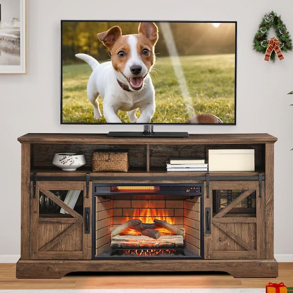 59 in. Freestanding Electric Fireplace TV Stand with 27 in. Fireplace Insert in Brown, Tempered Glass Front,Remote