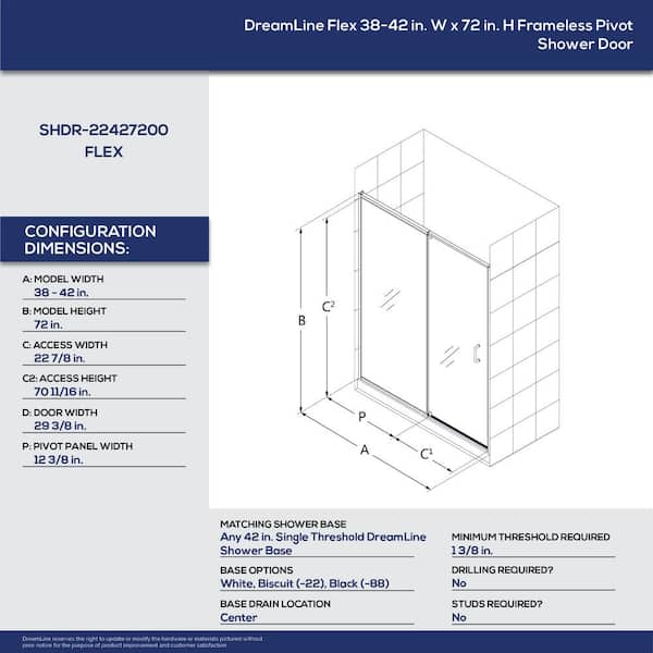 Flex 38 to 42 in. x 72 in. Framed Pivot Shower Door in Chrome Flex 38 to 42 in. x 72 in. Framed Pivot Shower Door in Chrome