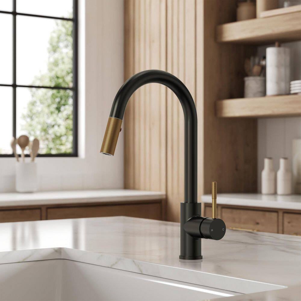 Single-Handle Pull-Down Sprayer Kitchen Faucet with Spout Swivel 15.7 in. H 360° Spout Swivel in Matte Black and Gold price history on PriceWatchPro