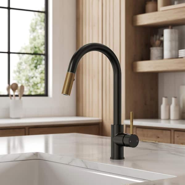 Single-Handle Pull-Down Sprayer Kitchen Faucet with Spout Swivel 15.7 in. H 360° Spout Swivel in Matte Black and Gold