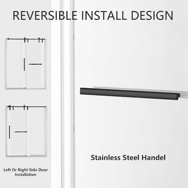 56-60 in. W x 76 in. H Sliding Frameless Glass Shower Door, Handle and Seal Strip for Waterproof, Stylish, Modern, Black