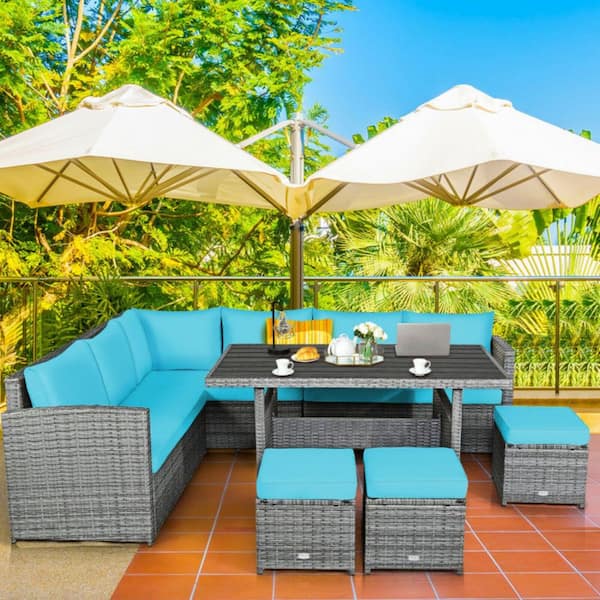 Kadehome 7-Piece Outdoor Wicker Patio Conversation Sofa Set with Dining Table and Cushions in Turquoise