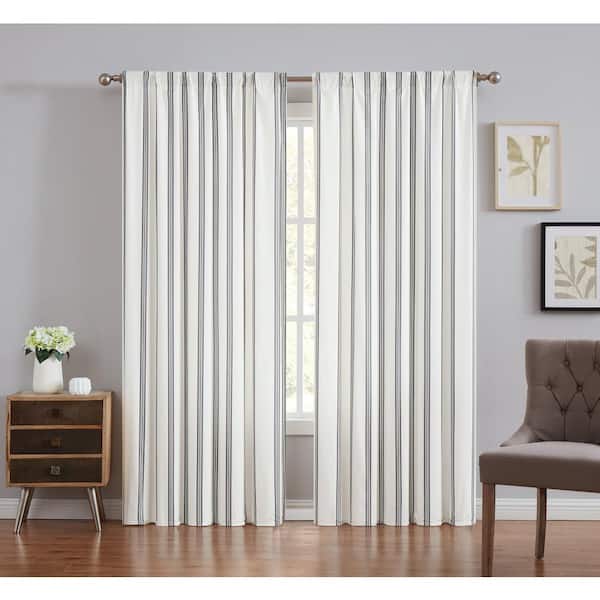 Truly Soft Ivory and Black Striped Rod Pocket Room Darkening Curtain - 50 in. W x 84 in. L (Set of 2)