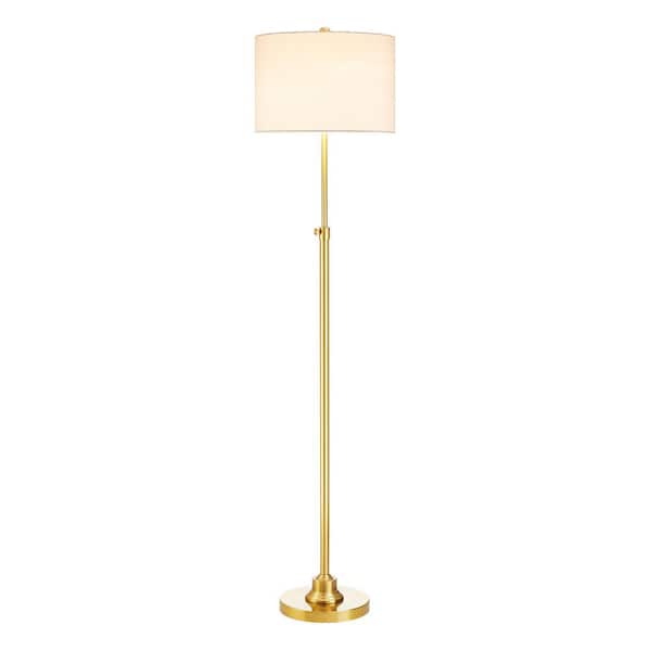 63.5 in. Antique Brass Adjustable Standard Floor Lamp with White Linen Shade