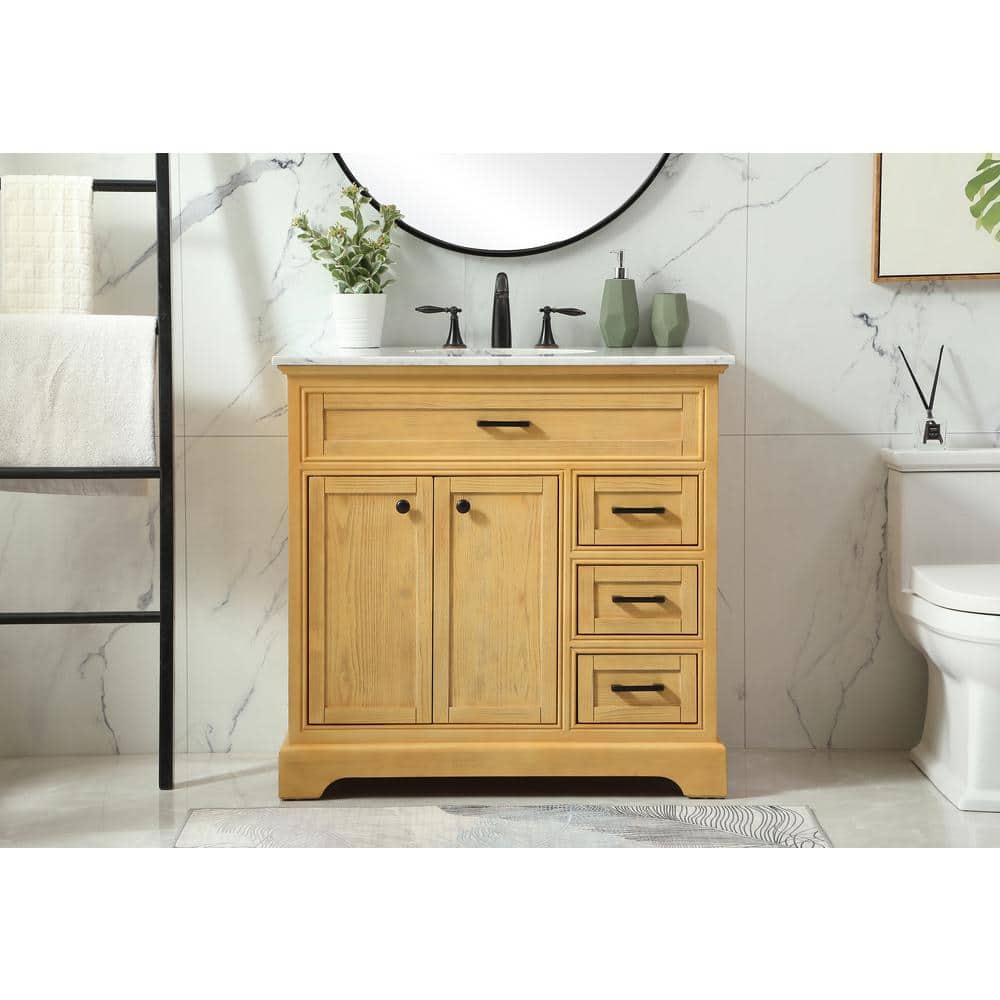 Natural Wood 36" Single Bathroom Vanity with Carrara Marble Top