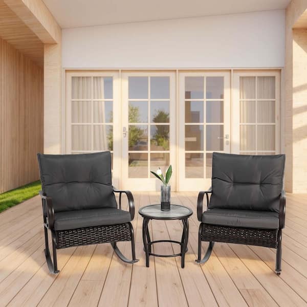 Unbranded 3-Piece Metal Ratten Outdoor Bistro Set with Cushion, Patio Conversation Sets w/ Coffee Table and 2-Rocking Chairs, Gray