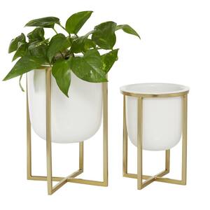 12 in., and 10 in. Medium White Metal Indoor Outdoor Planter with Removable Stand (2- Pack)