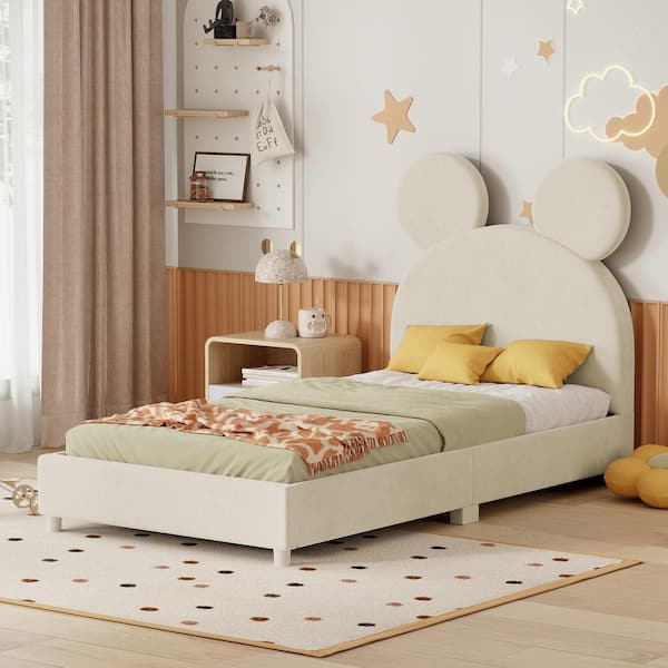 Harper & Bright Designs Beige Twin Size Velvet Upholstered Platform Bed, Kids Bed with Bear Ear Shaped Headboard