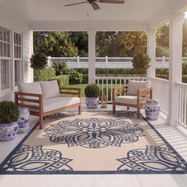 Courtyard Beige/Navy 8 ft. x 11 ft. Border Indoor/Outdoor Patio  Area Rug