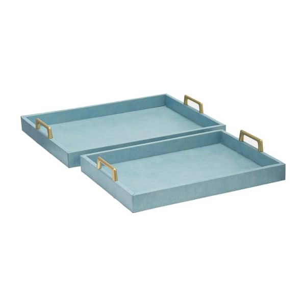 Benjara Blue and Gold Decorative Tray (Set of 2)