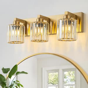 Orillia 19.7 in. 3-Light Gold Bathroom Vanity Light with Crystal Round Shades