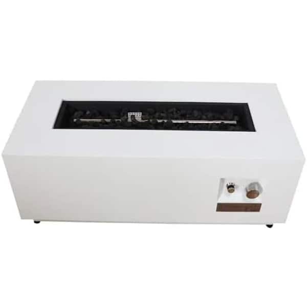 Misopily 16 in. H x 42 in. W Metal Propane Outdoor Fire Pit Table with Lid, Lava Rocks and Glass Fire Beads in. White