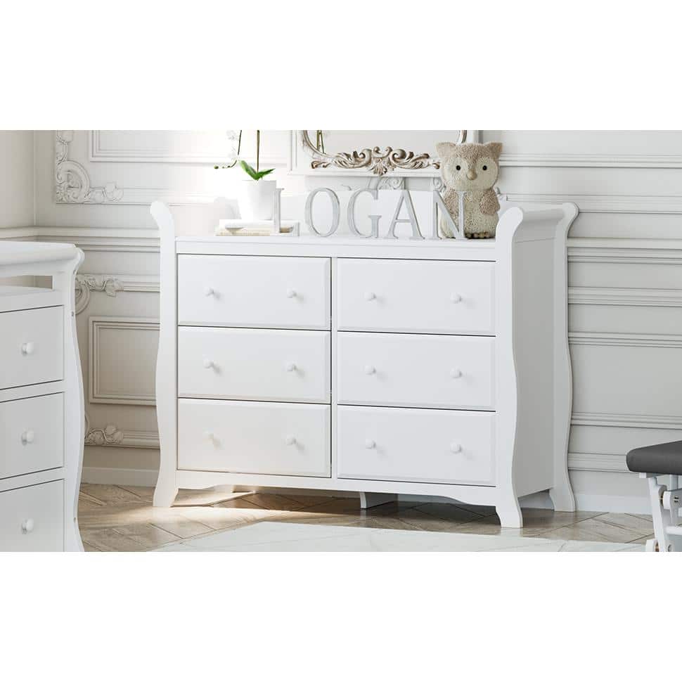 Avalon Sleek White 6-Drawer Nursery Dresser with Ball Bearing Glides