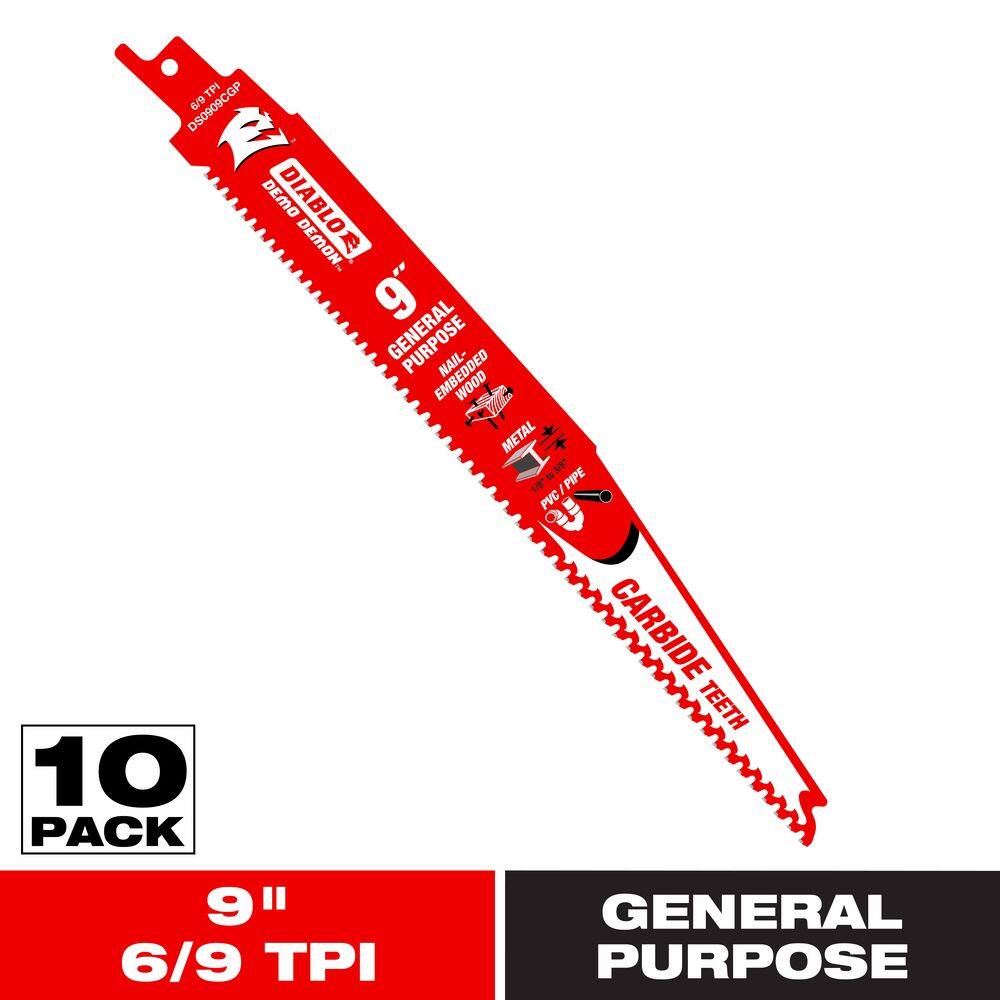 9 in. 6/9 TPI Demo Demon Carbide Teeth Reciprocating Saw Blades for General Purpose Cuts (10-Pack) price history on PriceWatchPro