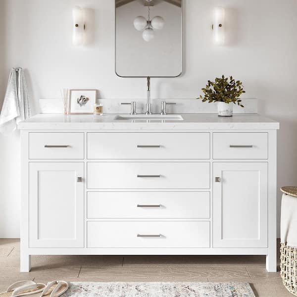 ARIEL Bristol 60.25 in. W x 22 in. D x 36 in. H Single Sink Freestanding Bath Vanity in White with Carrara White Quartz Top