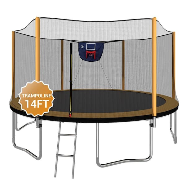 14FT Advanced Trampoline with Basketball Hoop Inflator and Ladder in Orange