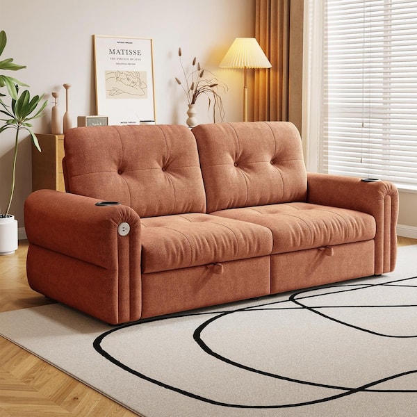 Uvo Modern 77 in. Orange Tufted Chenille Upholstered Queen Size Convertible Sofa Bed with Cup Holders and Charging Port