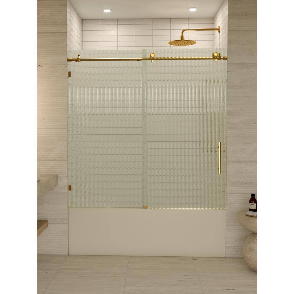 Galaxy 60" Satin Brass Frameless Fluted Glass Sliding Bathtub Door