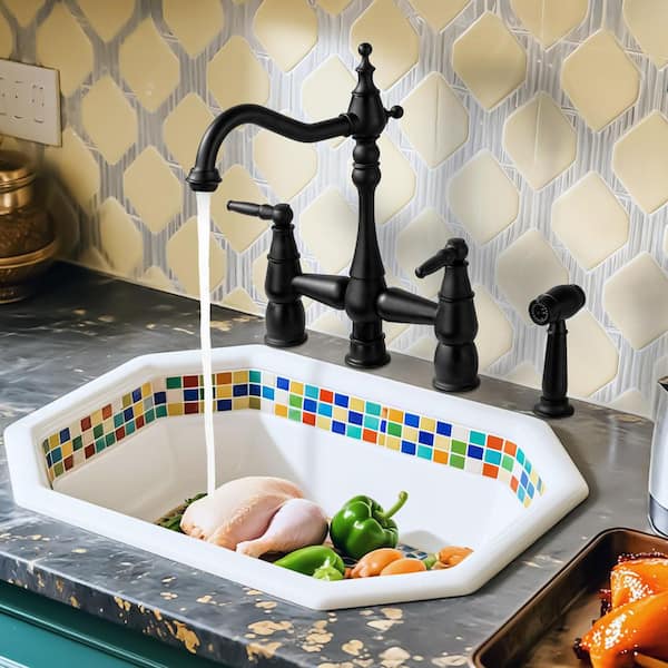 Double Handle Brass Vintage Bridge Kitchen Sink Faucet with Side Sprayer and Supply Lines in Brushed Nickel