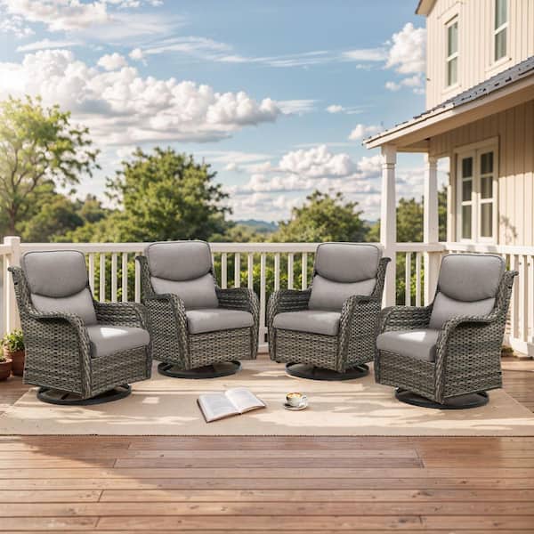 Luxury 4-Piece Gray Swivel Glider Wicker Outdoor Rocking Chair with Olefin Gray Cushions for Patio or Porch