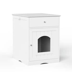 White Wood Pet House Cat Litter Box Enclosure Cat Home Nightstand with Drawer - Small to Medium