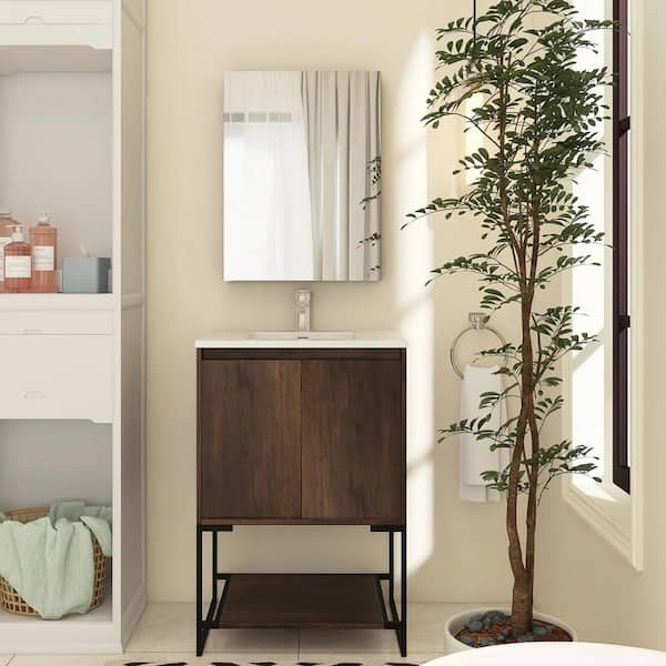 Boosicavelly 24 In. W X 19 In. D X 34 In. H Single Sink Freestanding Bath Vanity in Rose Wood With White Resin Top