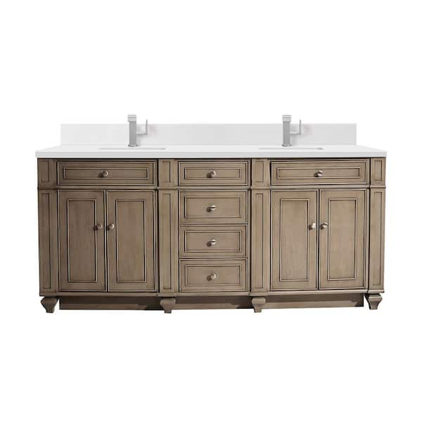 James Martin Vanities Bristol 72.0 in. W x 23.5 in. D x 34.0 in. H Bathroom Vanity in Whitewashed Walnut with White Zeus Silestone Quartz Top