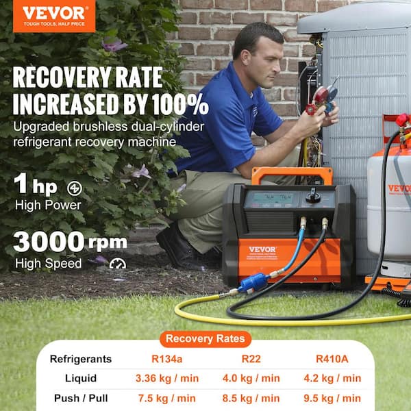 Refrigerant Recovery Machine, 1 HP Dual Cylinder Portable AC Recovery Machine with 3000 rpm Brushless Motor, Freon