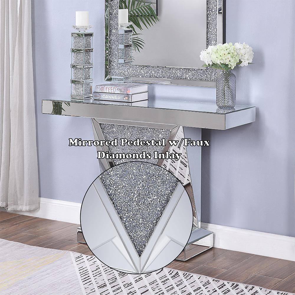 47" Mirrored Wood Console Table with Faux Diamonds