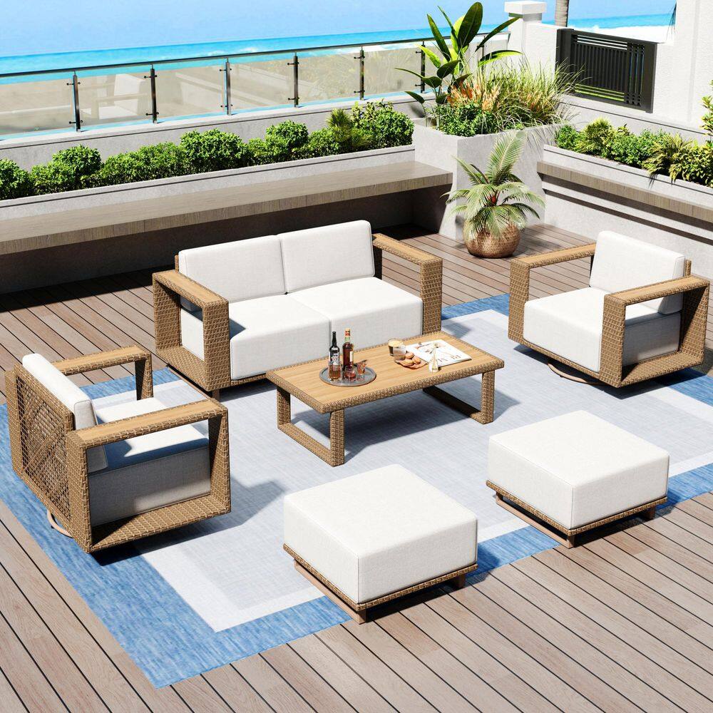 Brown Rattan Wicker 6 Seat 7-Piece Steel Outdoor Patio Conversation Set with Beige Cushions,Swivel Chairs and 2 Ottomans price history on PriceWatchPro