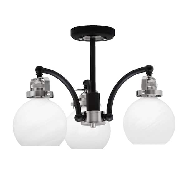 Unbranded Decatur 16 in. 3 Light Black and Nickel Semi-Flush with 5.75 in. White Marble Glass Shades No blulbs included