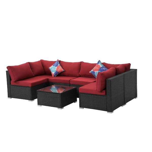 Mondawe 7-Piece Black PE Rattan Wicker Outdoor Sectional Sofa Set with Red Cushion and Tempered Glass Coffee Table
