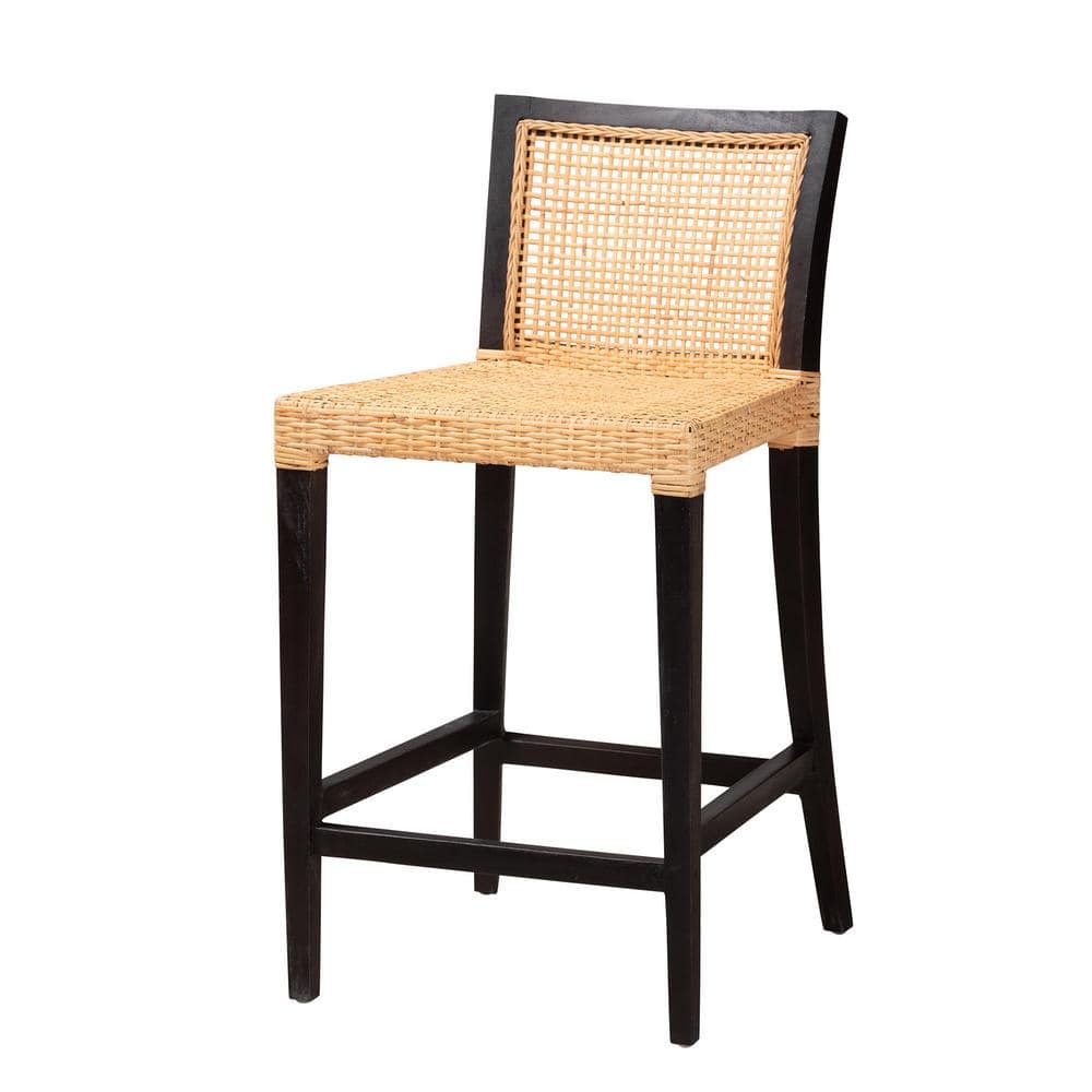 Lingga Dark Brown Mahogany Wood and Natural Rattan Counter Stool