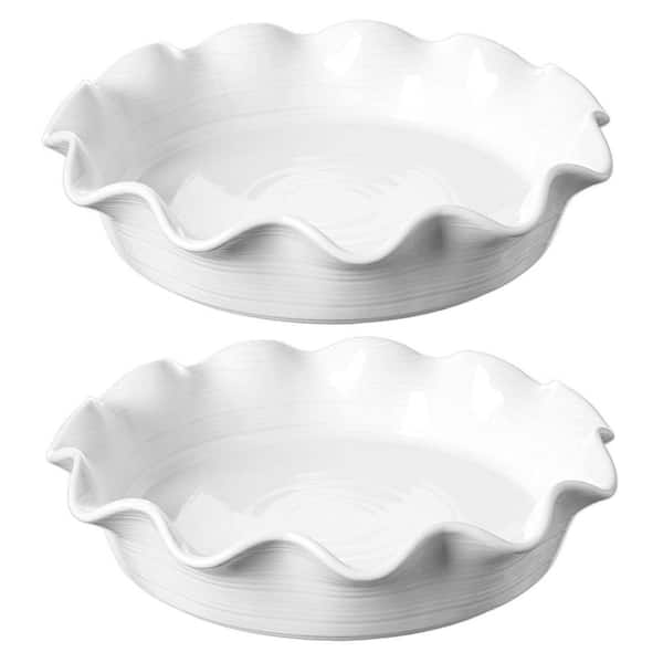 11 in. Ceramic Deep Dish Pie Plate with Ruffled Edge, Set of 2, White, for Baking Apple and Pot Pies
