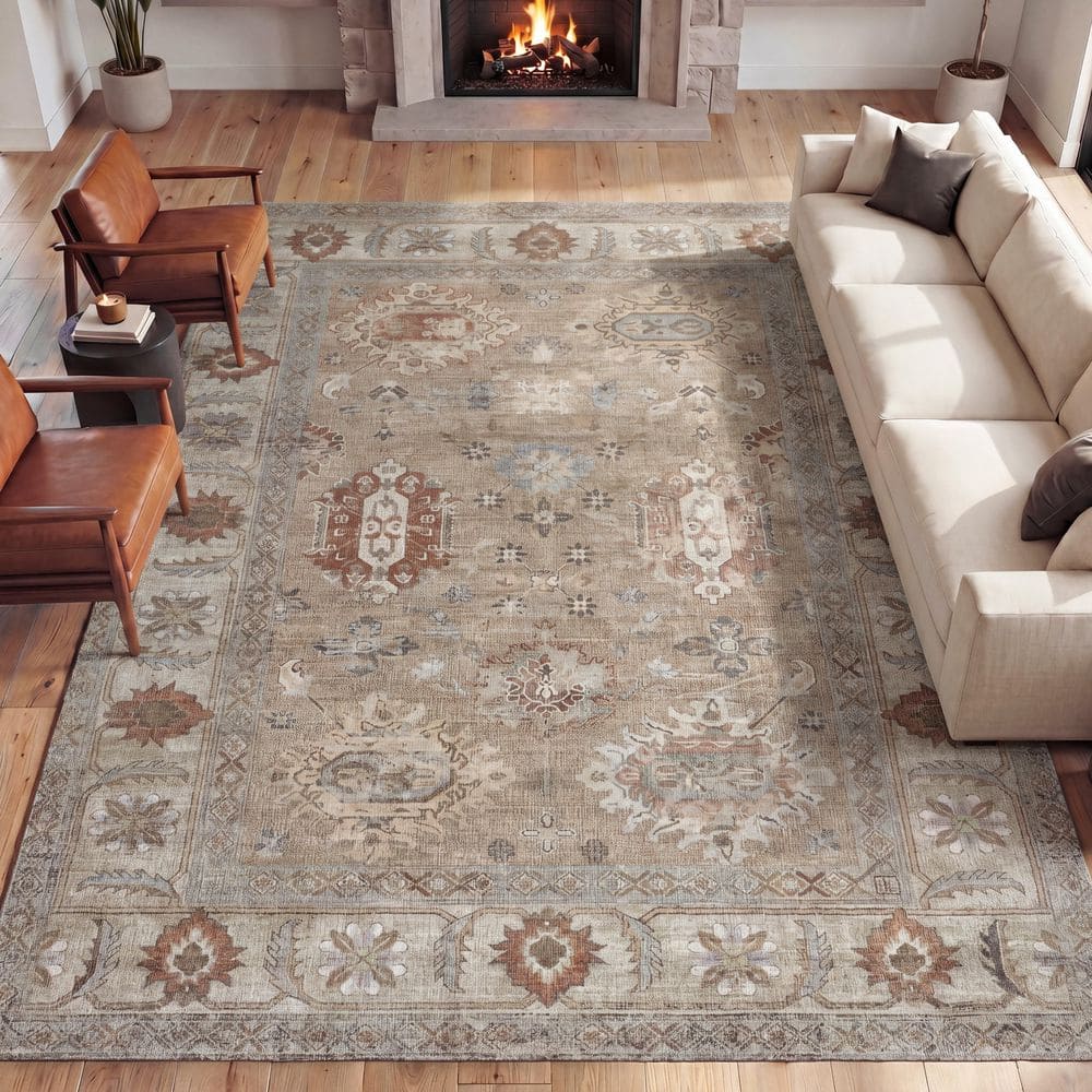 Kisara Oushak Style Distressed Border Non-Slip Machine-Washable Beige/Cream 5 ft. x 8 ft. Area Rug price history on PriceWatchPro