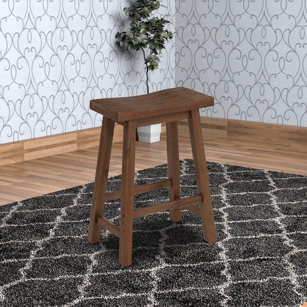 24.25 in. H Brown Saddle Design Wooden Backless Counter Stool with Grain Details