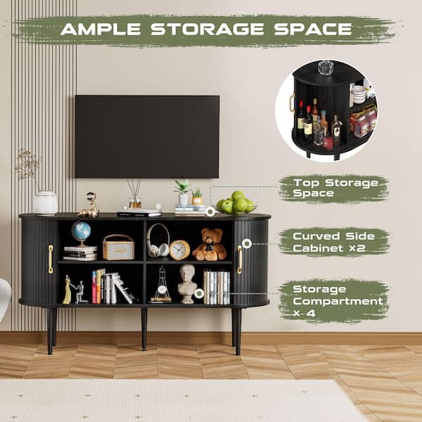 Black MDF 54.3 in. W Sideboard Storage Cabinet with Sliding Tambour Panel Doors
