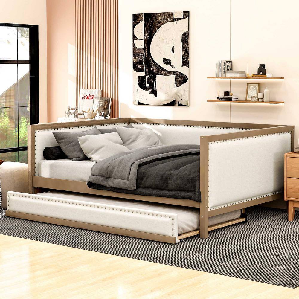 Wood Full Size Upholstered Daybed with Trundle and Nailhead Decoration