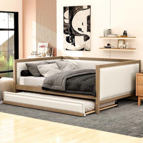 Polibi Wood Full Size Upholstered Daybed with Trundle and Nailhead Decoration