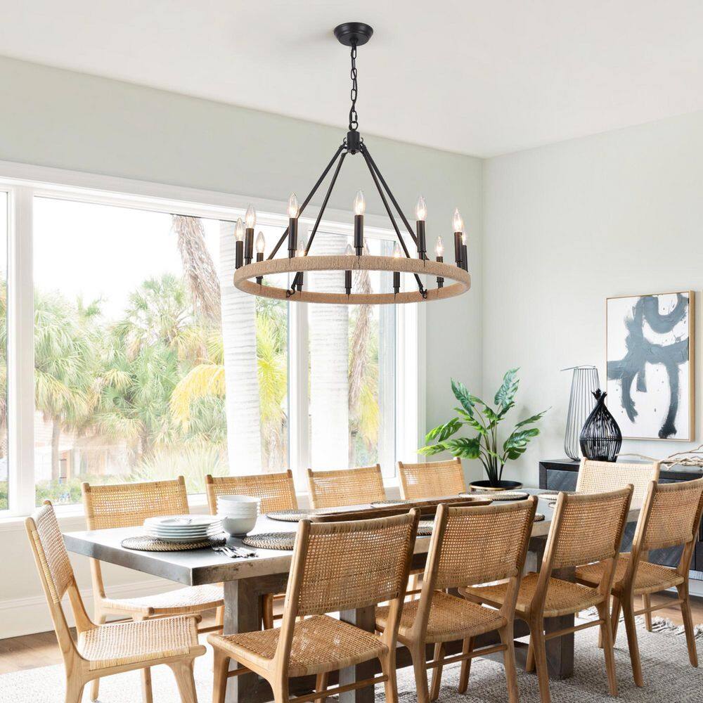 12-Light Black Candlestick Hemp Rope Farmhouse Wagon Wheel Chandelier Linear Pendant Light for Kitchen Island price history on PriceWatchPro