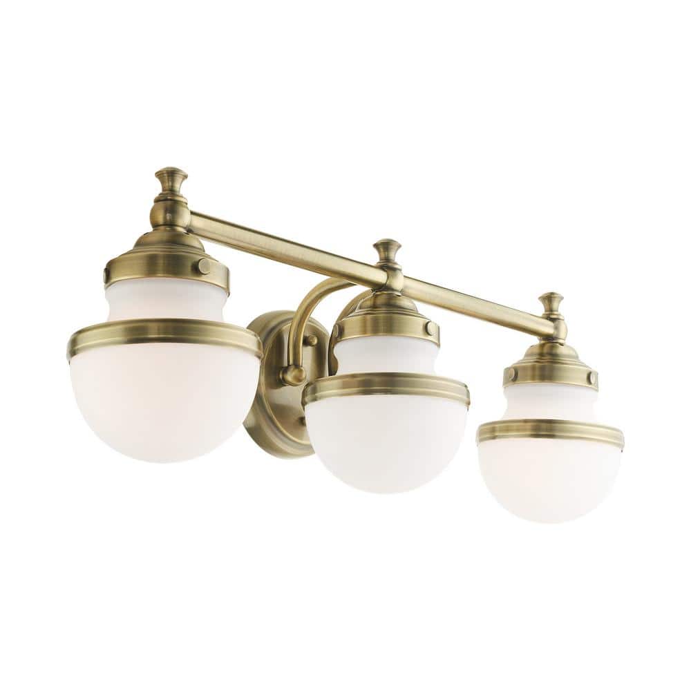 Antique Brass 3-Light Vanity with Hand Blown Satin Opal White Glass
